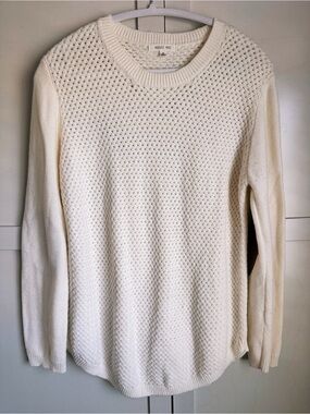Cream Textured Crewneck Sweater - Women with brown suede elbow patches